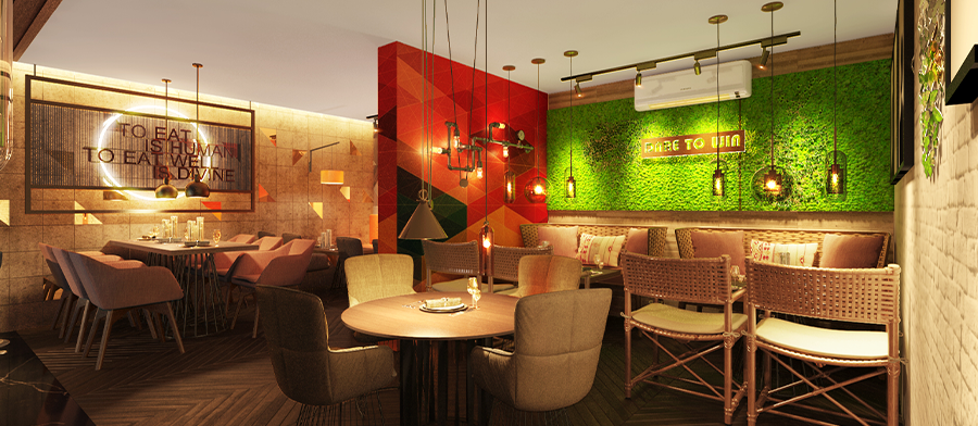 Restaurant branding and decor elements integrated into interior design