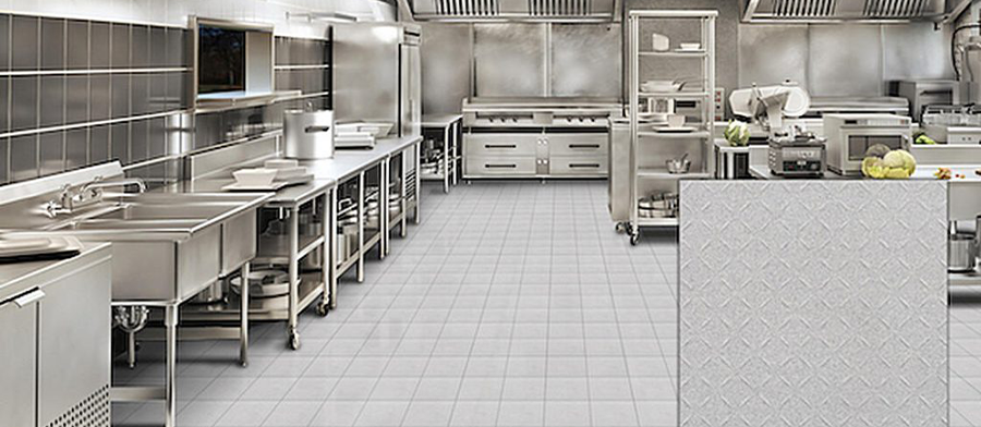 Ceramic tile wall finish in commercial kitchen