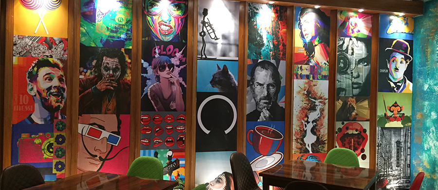 Contemporary restaurant interior with decorative artwork
